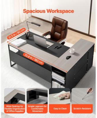 L-Shaped Executive Desk with Drawers and Storage Cabinet, 71 x 53 in Office Table with CPU Stand, 350 lbs