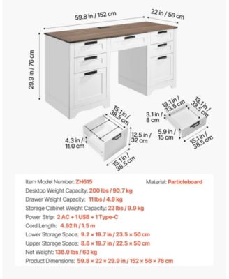 60 in Farmhouse Executive Desk with Charging Station, Office Table with Storage Drawers and Keyboard Tray, Walnut