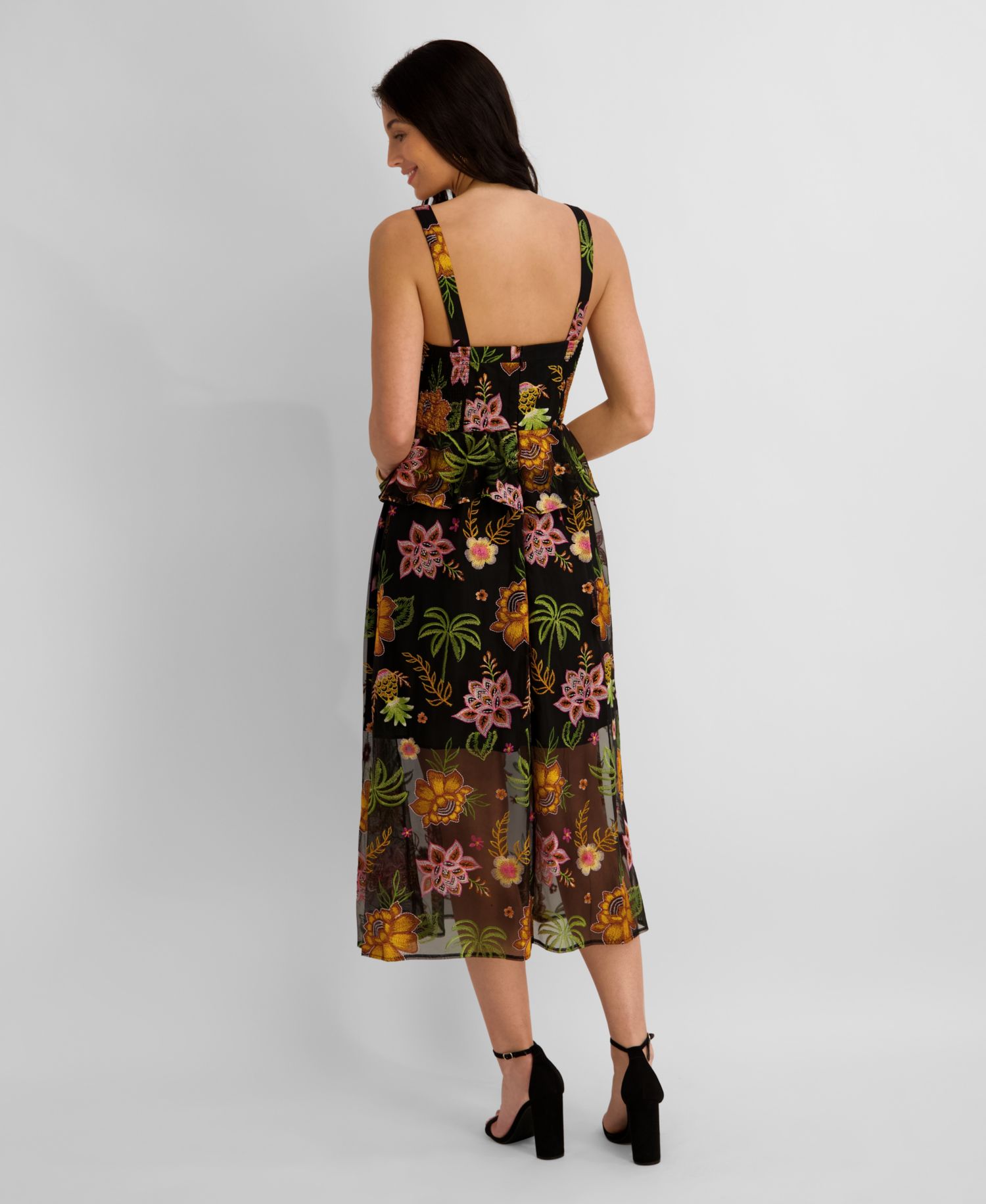 Women's Embroidered Mesh V-Neck Midi Dress