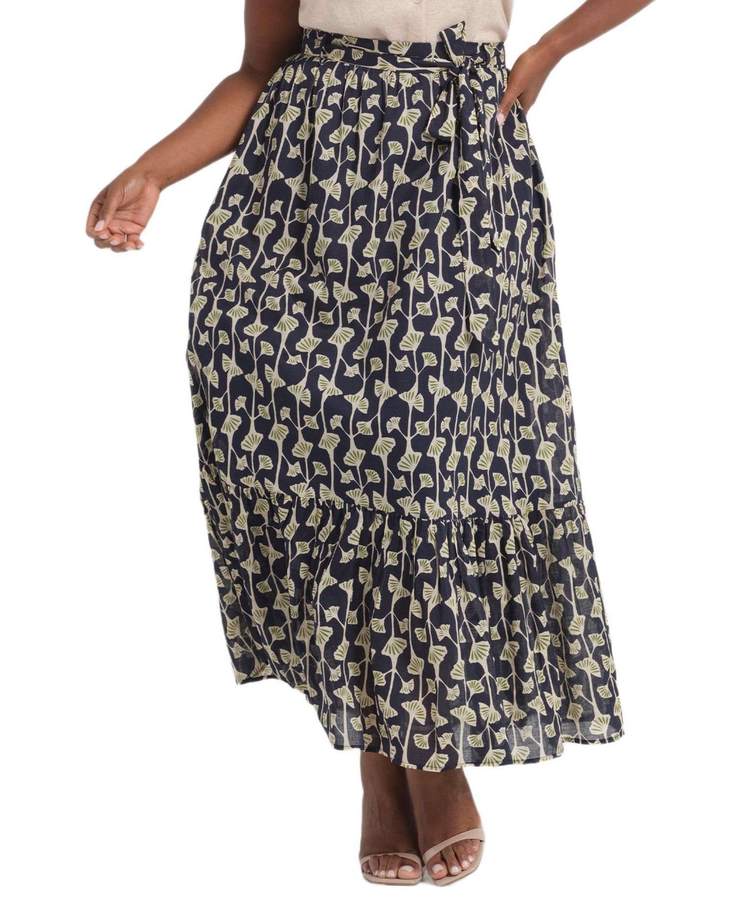 Plus size Sea Lily Print Tiered A-Line Midi Skirt