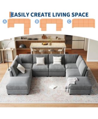 Modular Sectional Sofa L-Shaped Couch with Movable Ottoman- Convertible Chenille Sofa