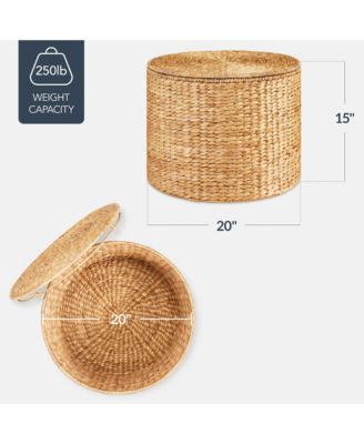 Large Round Storage Ottoman W/ Lid, Handwoven Water Hyacinth Footstool