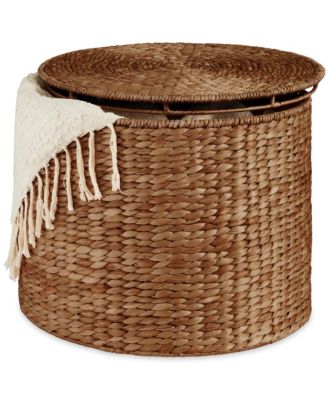Large Round Storage Ottoman W/ Lid, Handwoven Water Hyacinth Footstool