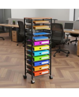 12 Tier Rolling File Cart Wood Top Metal Mesh Sliding Trays Office Home School Storage