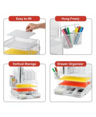 Multifunctional Desk Organizer 4 Tier Mesh File 5 Vertical Holders 3 Compartment Drawer 2 Pen Holders Easy Assemble Metal Office