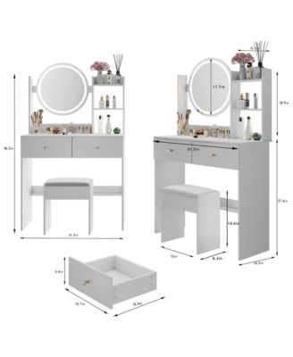 Space Saving Small LED Vanity Table with Basic Mirror and Cushioned Stool Makeup