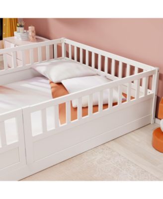 Full Size Montessori Wooden Floor Bed With High Security Barrier And Door For Kids Bedroom