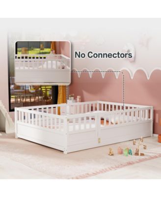 Full Size Montessori Wooden Floor Bed With High Security Barrier And Door For Kids Bedroom