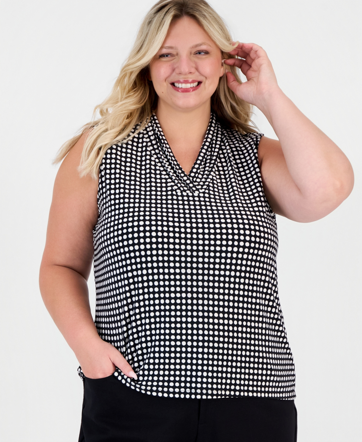 Anne Klein Plus Size Printed Triple-Pleat V-Neck Top - Multi