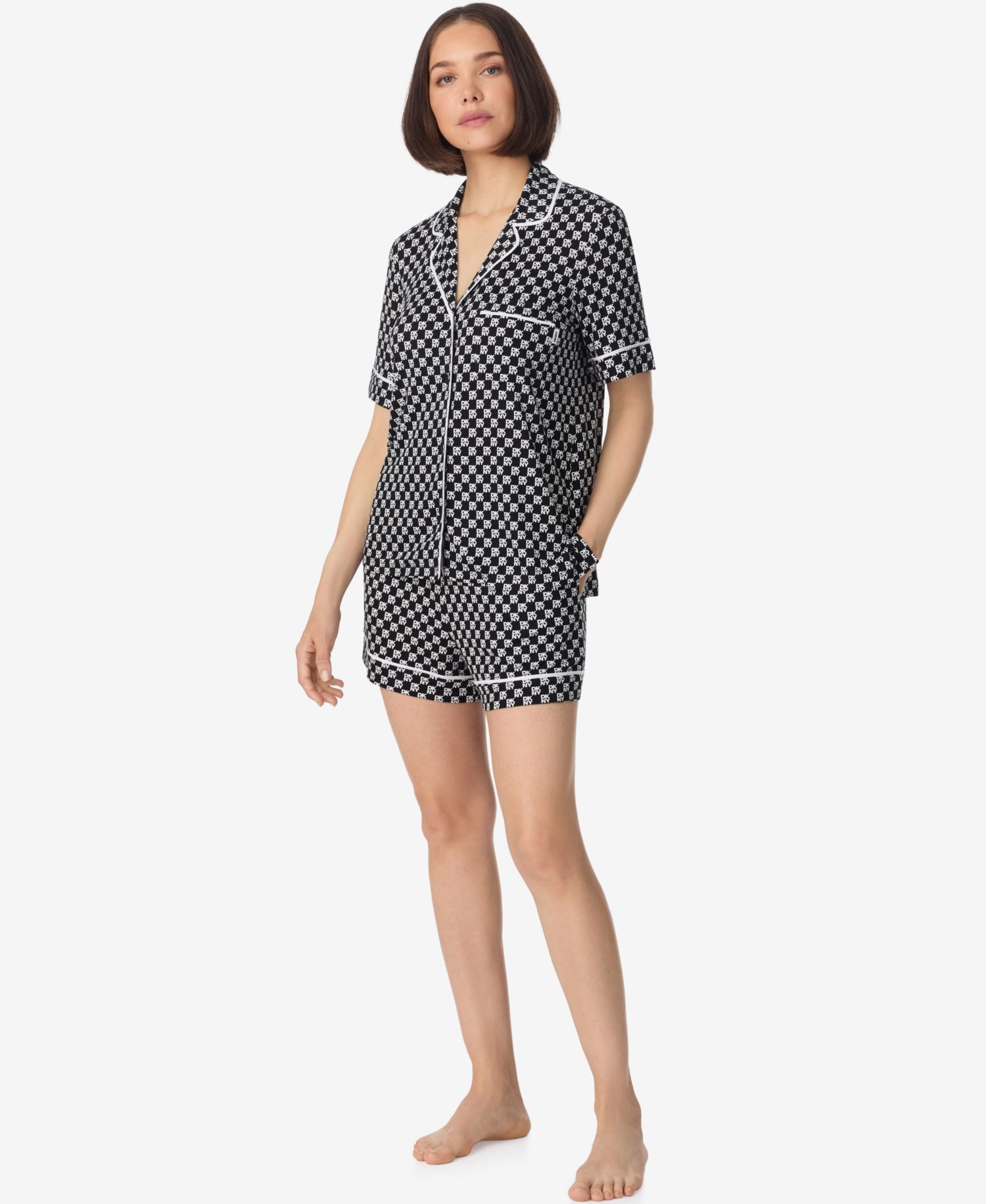 Women's Sleepwear Short-Sleeve Notch Collar Top & Boxers, 2-Piece Set