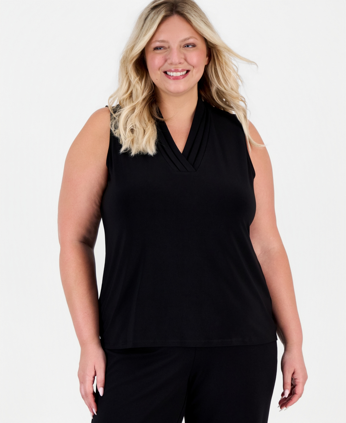 Anne Klein Plus Size Sleeveless Pleated V-Neck Top - Black