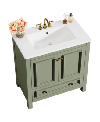 30" Bathroom Vanity with Sink, Freestanding Vanity with Solid Wood Frame, Ceramic Sink, Soft-Close Doors, Drawer & Door Organizer