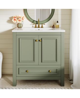 30" Bathroom Vanity with Sink, Freestanding Vanity with Solid Wood Frame, Ceramic Sink, Soft-Close Doors, Drawer & Door Organizer