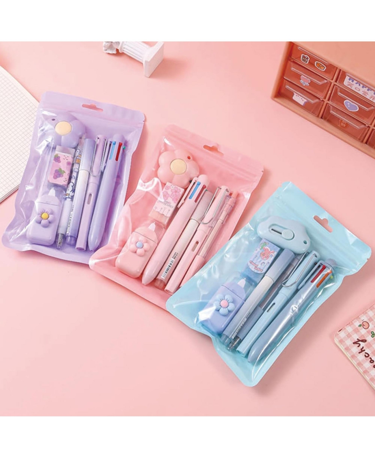 Htutwoo 7-In-1 Stationery Set with Gel Pen, Highlighter, Ballpoint Pen, Pencil, Eraser, Knife and Correction Tape