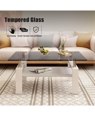 Modern 2-Tier Coffee Table, Rectangle Center Table with Tempered Glass Top, MDF Shelf and Metal Legs for Living Room and Home Office