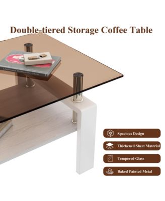 Modern 2-Tier Coffee Table, Rectangle Center Table with Tempered Glass Top, MDF Shelf and Metal Legs for Living Room, Home Office