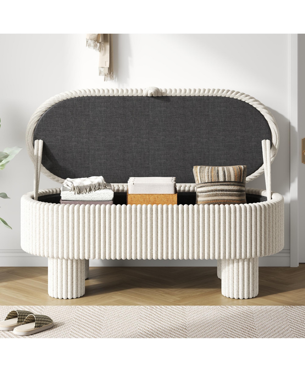 Rainsken Modern Storage Ottoman, Corduroy Upholstered Bench with Hidden Compartment for Bedroom, Living Room, Entryway