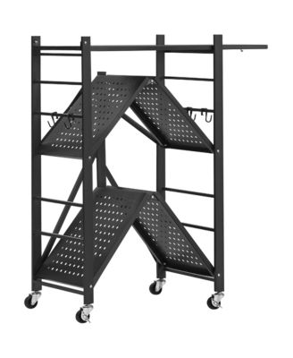 3-Tier Foldable Storage Shelf, Folding Metal Storage Shelving Unit with 5 Wheels and 4 Hooks for Kitchen, Garage, Basement