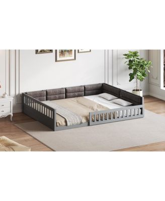 Full Size Wood Upholstered Platform Bed Guardrail Fluffy Pillows Pine Wood MDF