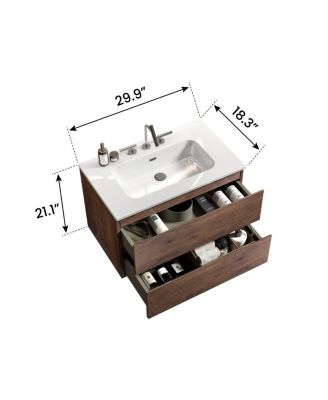 30" Modern Walnut Wall Mount Vanity With Ceramic Sink, 3-Hole Top Handle-Free Soft-Close Drawers, Pre-Assembled
