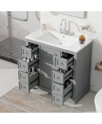 36" Bathroom Vanity with Ceramic Sink, Solid Wood MDF Cabinet with 6 Drawers, Adjustable Shelf for Storage