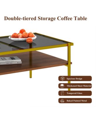 Rectangle 2 Tier Coffee Table, Center Table with Tempered Glass Top and Wood Storage Shelf for Living Room and Small Space