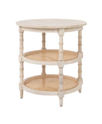 Round 23" Wood End Table with 2-Woven Cane Shelves