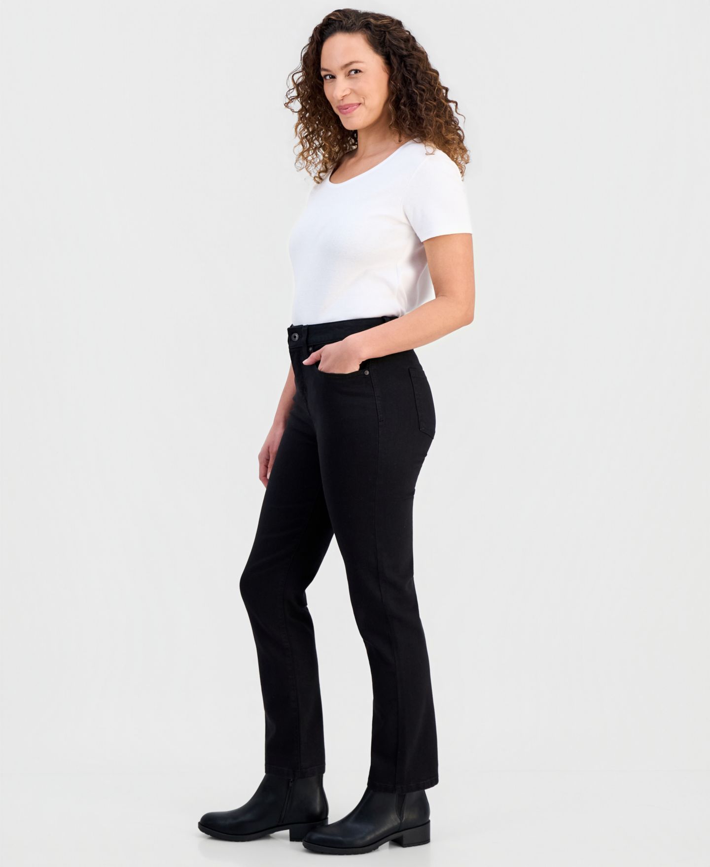 Женские джинсы Style & Co Petite High-Rise Natural Straight-Leg Jeans, Petite & Petite Short, цвет: Глубокий чёрный — фото 3