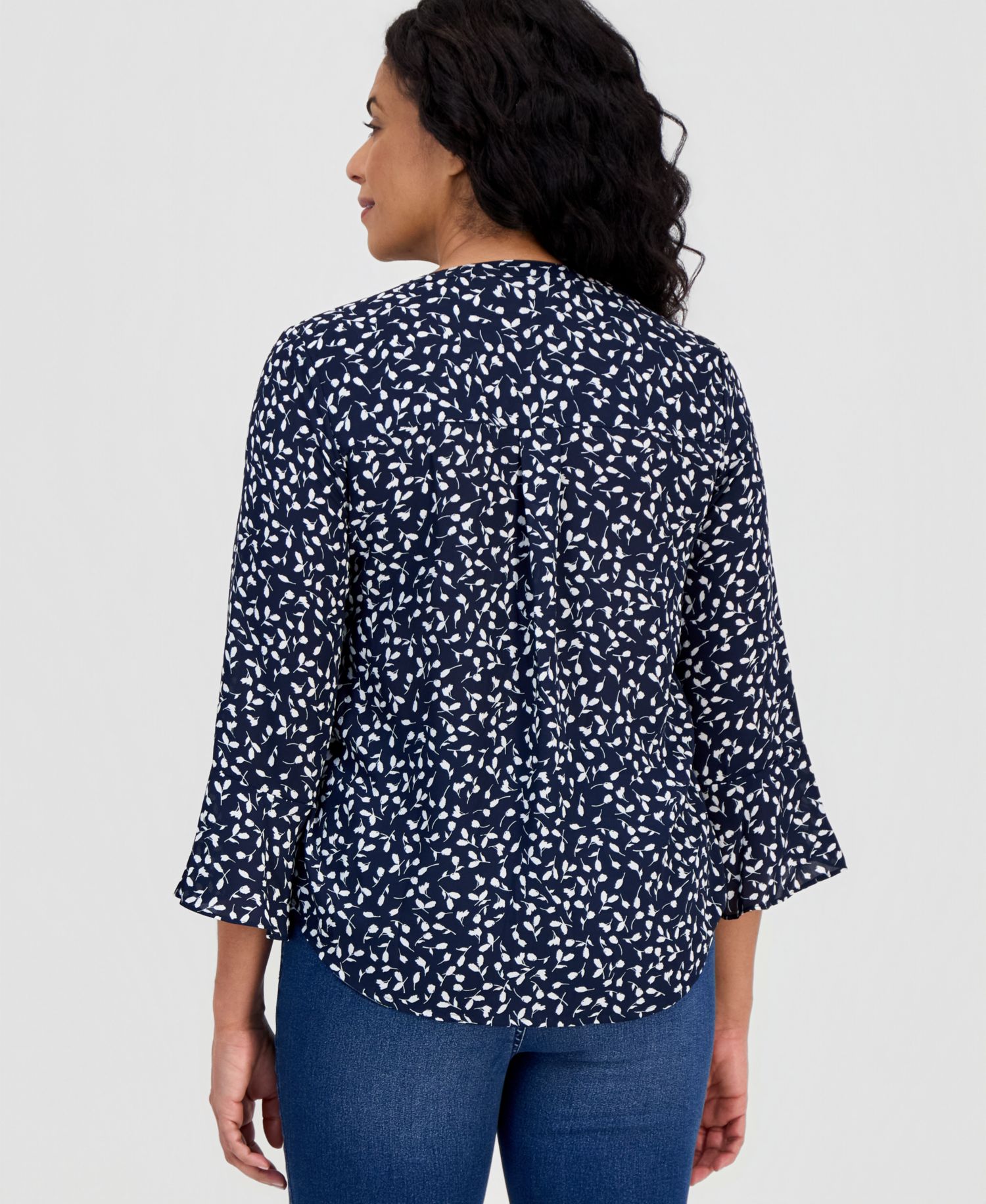 Women's Petite Printed Pintuck Ruffle-Sleeve Top