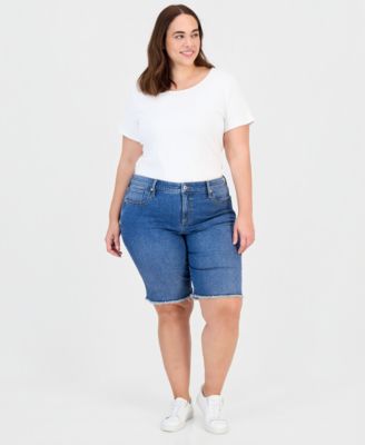 Plus Size Denim Raw-Edge Bermuda Shorts