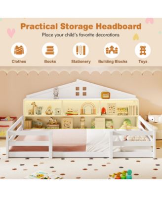 Montessori Floor Bed with Storage Compartments and Shelf