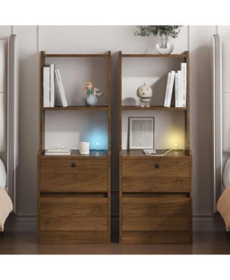 Modern Neutral Nightstand with Storage Space and LED Light Glass Top Jewelry Storage Bedside Table