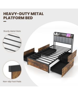 Twin size Bed Frame with LED Lights Upholstered Headboard and 4 Storage Drawers