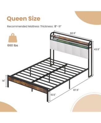 Queen Size Bed Frame with LED Light and Charging Station
