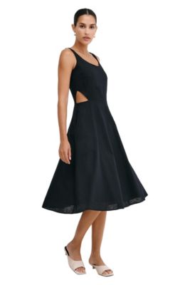 a line dress below knee Marcella Women's Caroline Linen-Cotton Waist-Cutout A-Line Below-Knee with Pockets Standard Sizes pink floral Skyline Chic Smocked Denim Apparel Size:2X