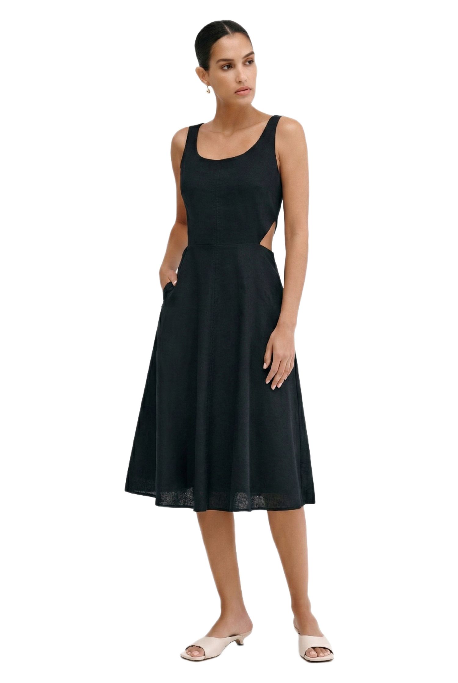 Women's Caroline Linen-Cotton Waist-Cutout A-Line Below-Knee Dress with Pockets