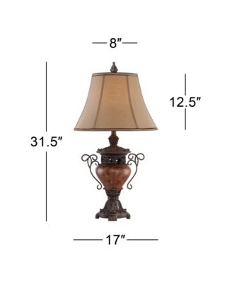 Traditional Table Lamp Tall USB Charging Port Urn Faux Silk Bell Shade for Bedroom Living Room Office