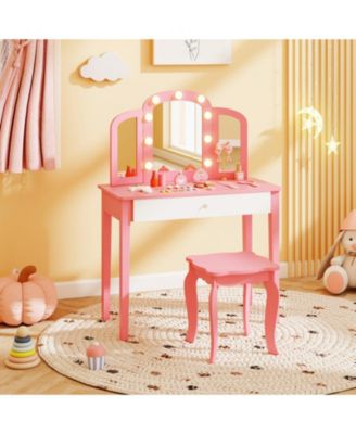 2-in-1 Kids Vanity Table Set with Tri-Folding Detachable Mirror and LED Lights