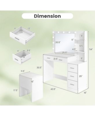 Makeup Table and Stool Set with Hair Dryer Stand and 5 Drawers