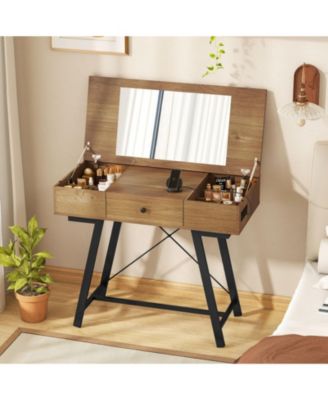 Flip Top Mirror Vanity Desk with Power Outlets and Storage Compartments