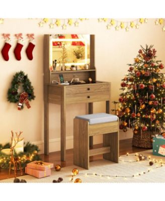 Small Vanity Desk with LED Mirror and Cushioned Stool for Small Spaces