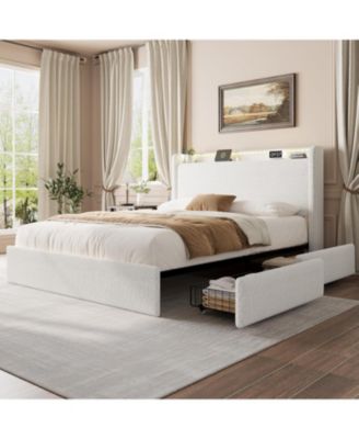 Platform Bed Lighted Upholstered 4 Storage Drawers Headboard Wooden Slats Noise-Free Easy Assembly No Box Spring