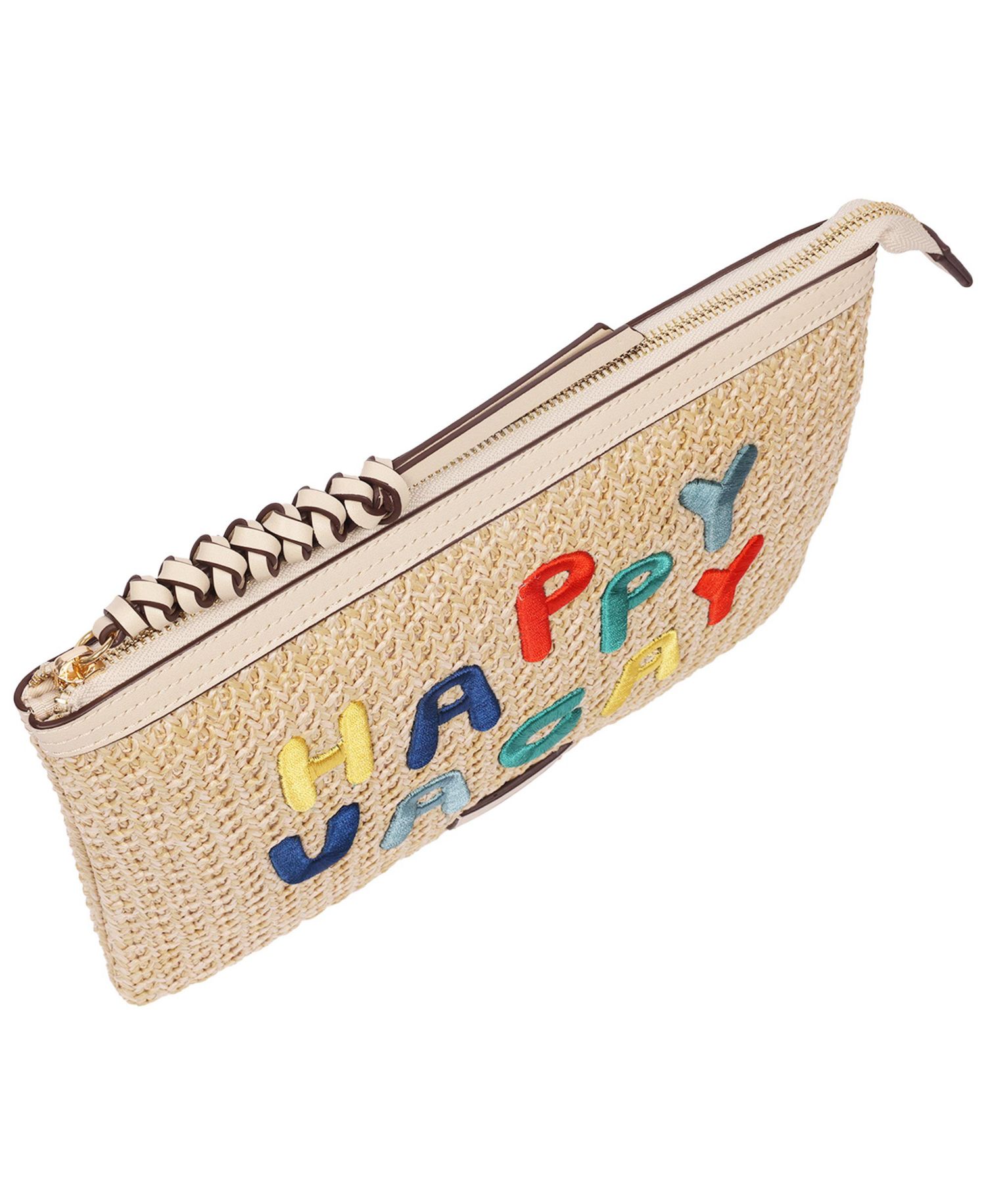 Happy Vacay Raffia Clutch - Woven Straw Zip Pouch with Embroidered Lettering
