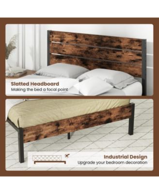 Metal and Wood Platform Bed Frame with Headboard and Noise-Free Slats