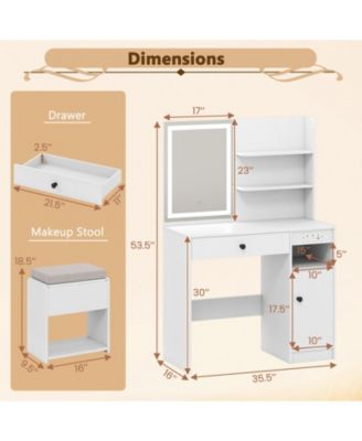 Vanity Desk with Lighted Mirror Storage Cabinet and Cushioned Stool