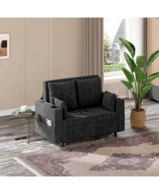 56" Sleeper Loveseat Sofa Bed, Pull-Out Couch with USB Ports, Cup Holders and Side Pockets