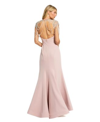 Women's Pearl Beaded Draped Mermaid Evening Gown