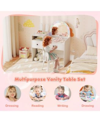 Kids Vanity Desk and Chair Set with Colorful Lights and Open Shelves