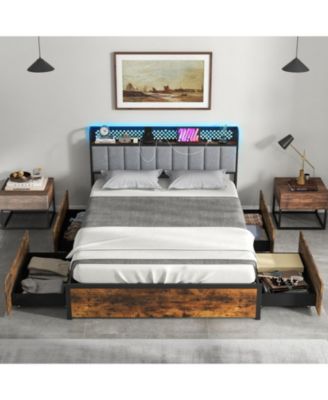 Metal Platform Bed Frame with LED Lights and Storage Drawers and Headboard