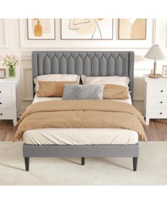 Upholstered Platform Bed with Wingback Headboard and Slats